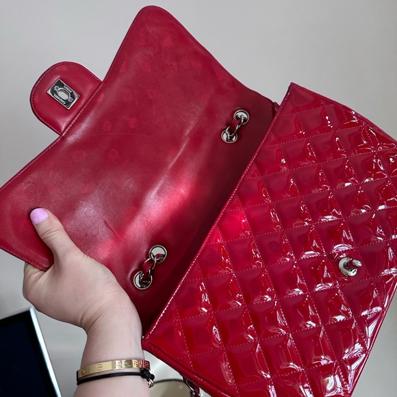 Chanel red patent jumbo single flap bag with silver hardware - Picture 7 of 16